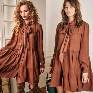 Sezane Selena Dress Brown Long Sleeve Tiered Mini 36 US 4
